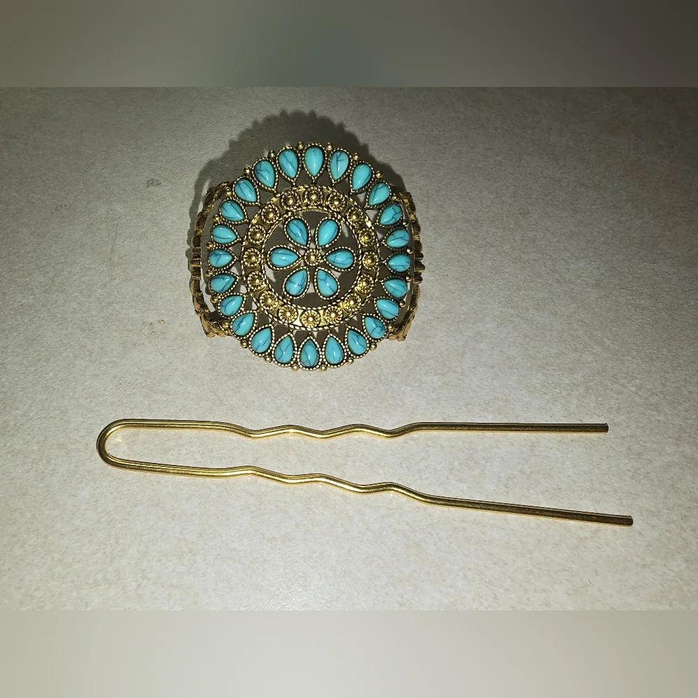 Gold and Turquoise Hair Clip - Picture 5 of 6